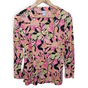 Chicos Top Womens 1P Petite Medium Pink Floral Print Linen V Neck 3/4 Sleeve Tee
